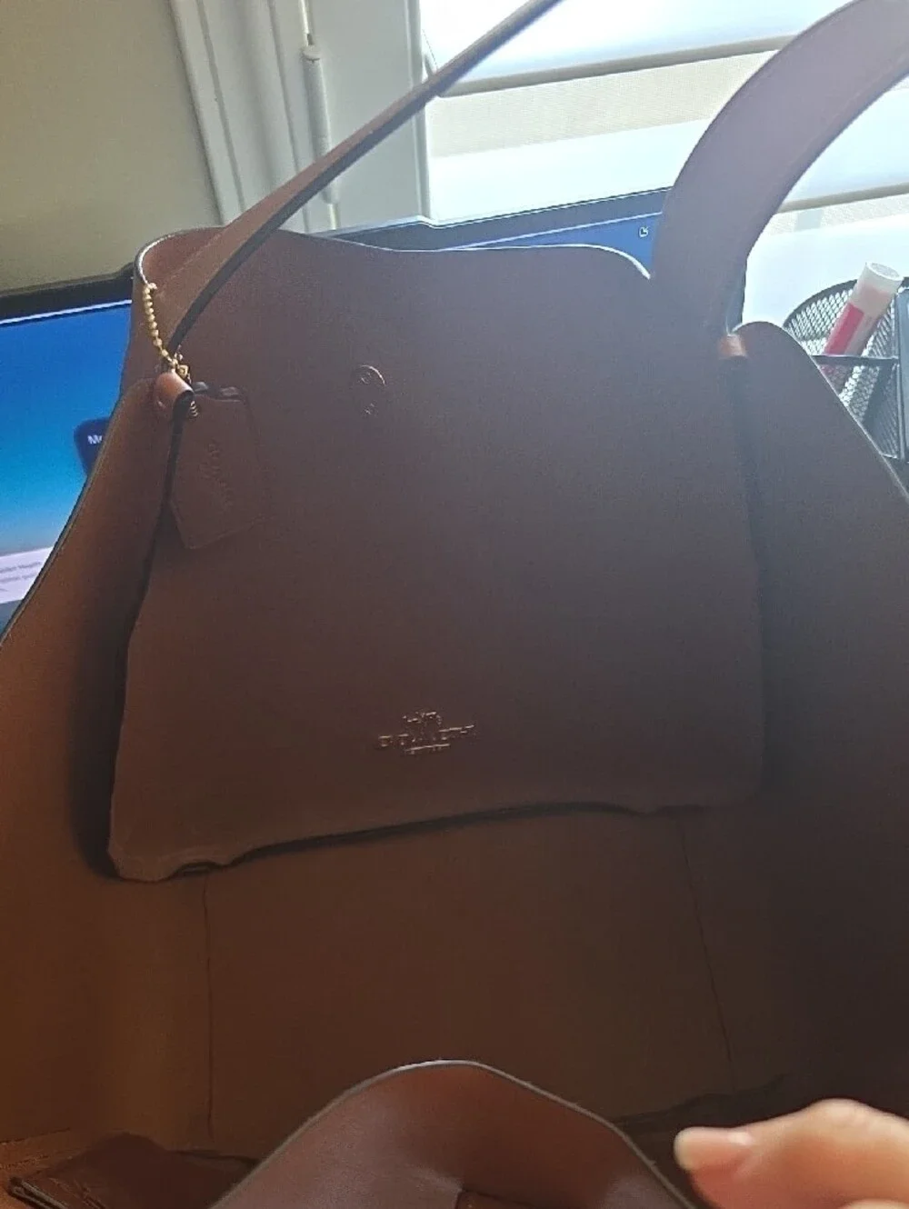 Coach Tan Leather Shoulder Tote with Gold Turn-Lock
